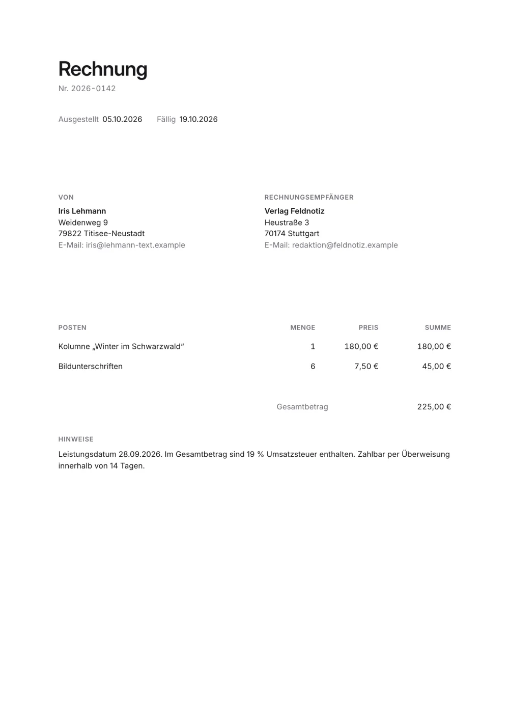 Minimalistische Rechnungsvorlage