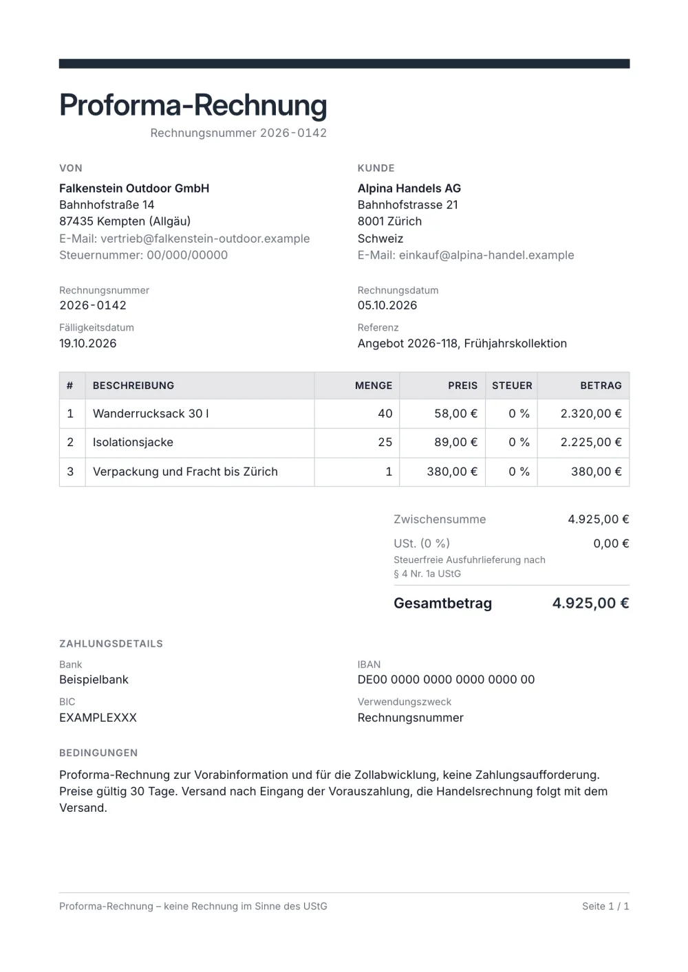 Proforma-Rechnung: Vorlage und Beispiel