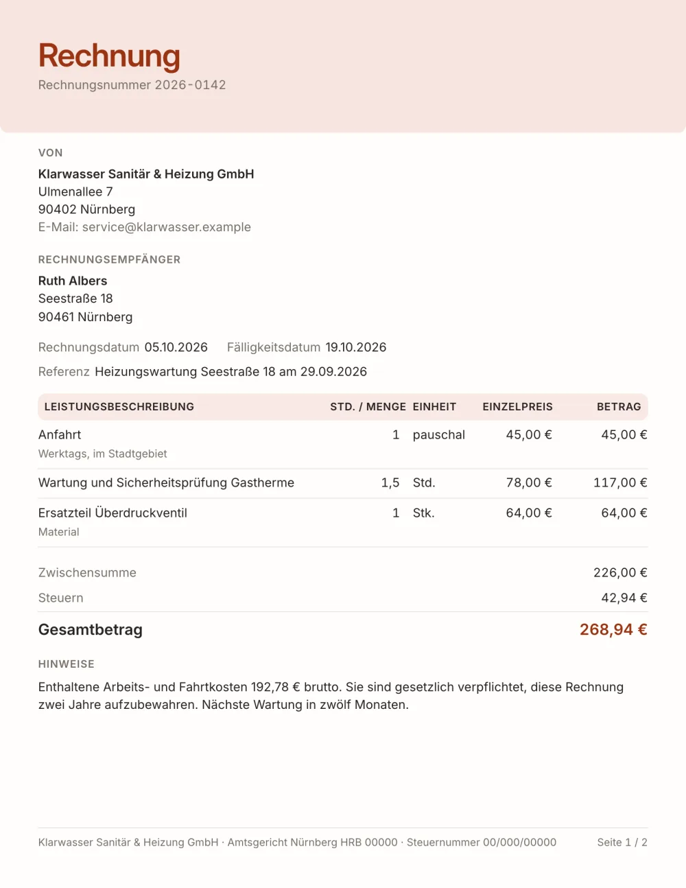 Rechnungsvorlage für Dienstleistungen