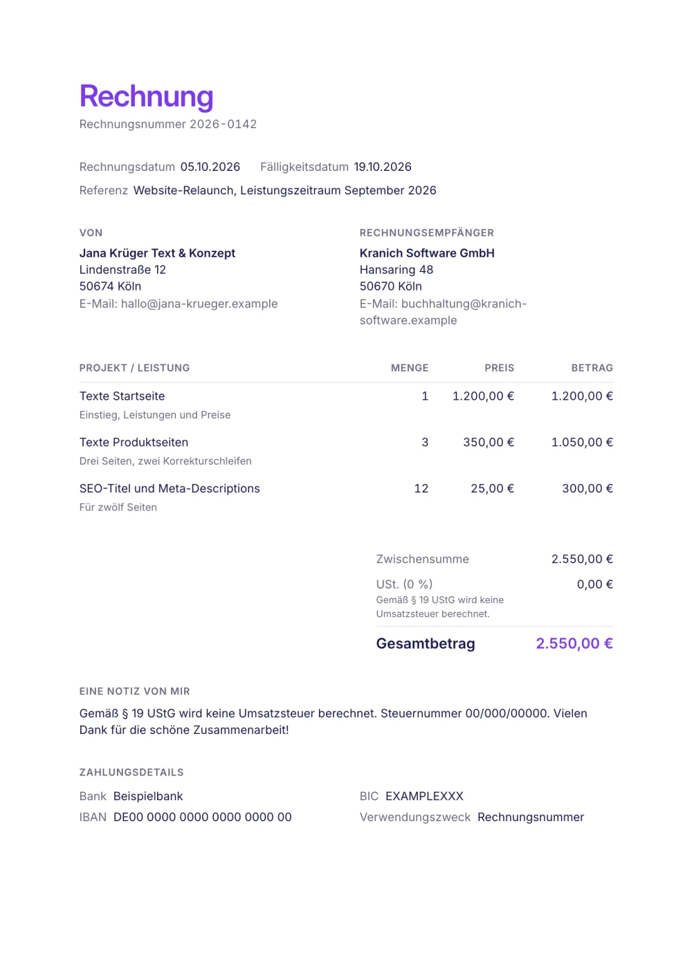 Rechnungsvorlage für Freelancer