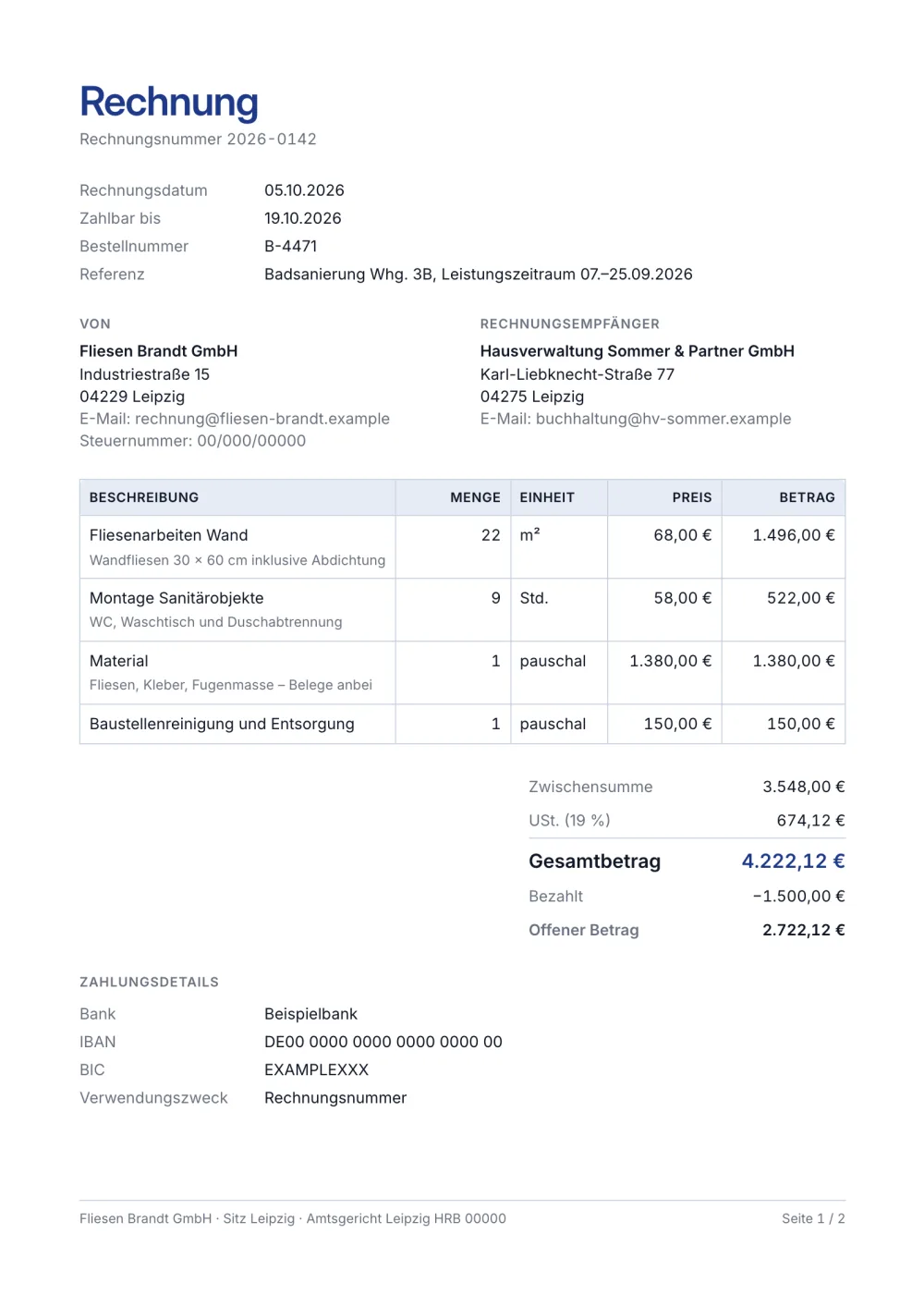 Rechnungsvorlage für Handwerker und Auftragnehmer
