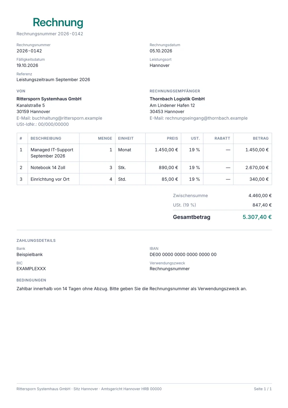 Rechnungsvorlage mit Umsatzsteuer (MwSt.)
