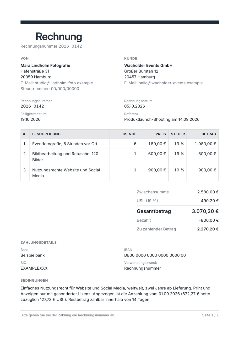 Vorlage für die Fotografen-Rechnung