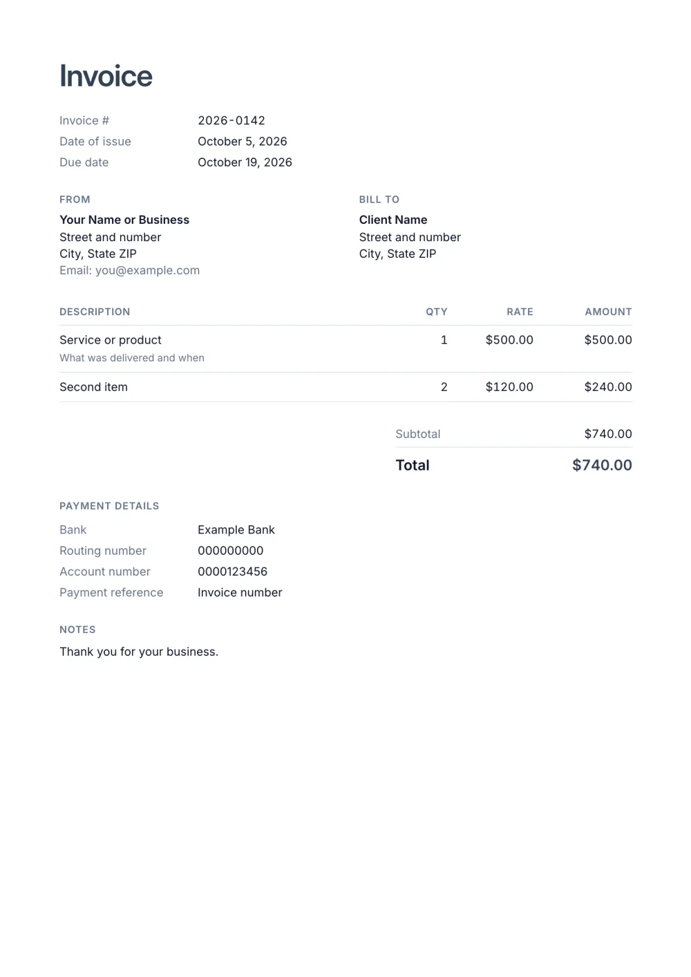 Blank invoice template