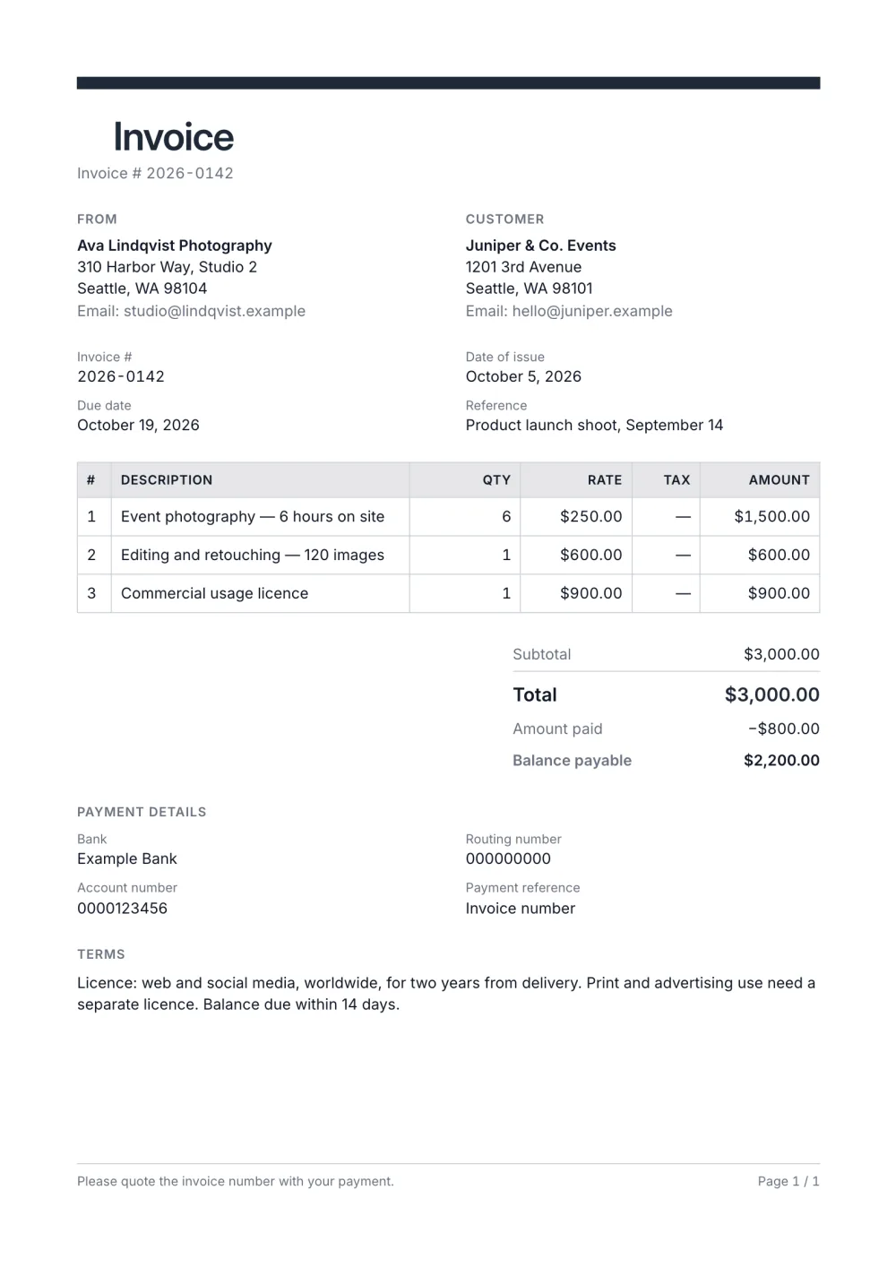 Photography invoice template