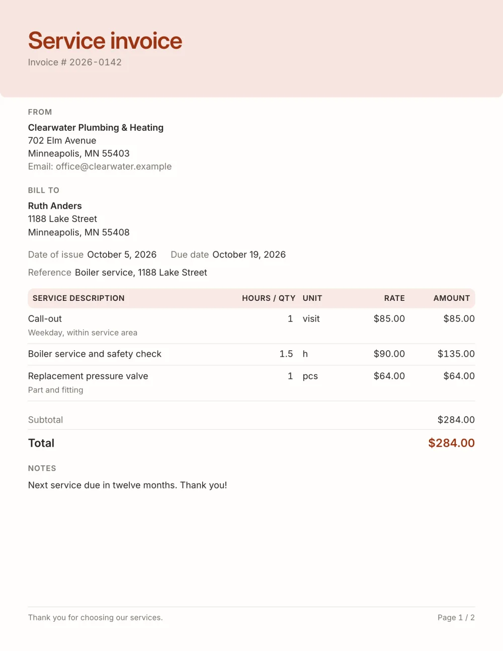 Service invoice template