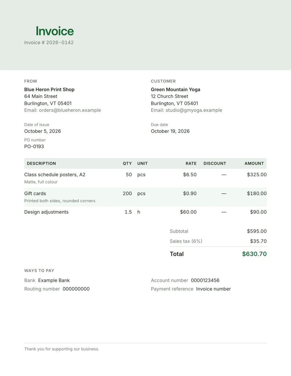 Small business invoice template