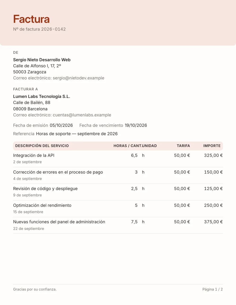 Plantilla de factura por horas