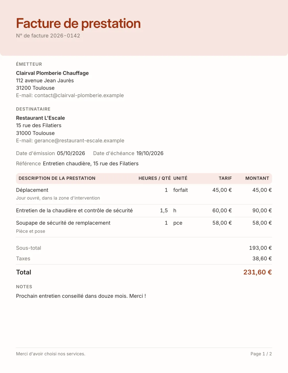 Modèle de facture de prestation de services
