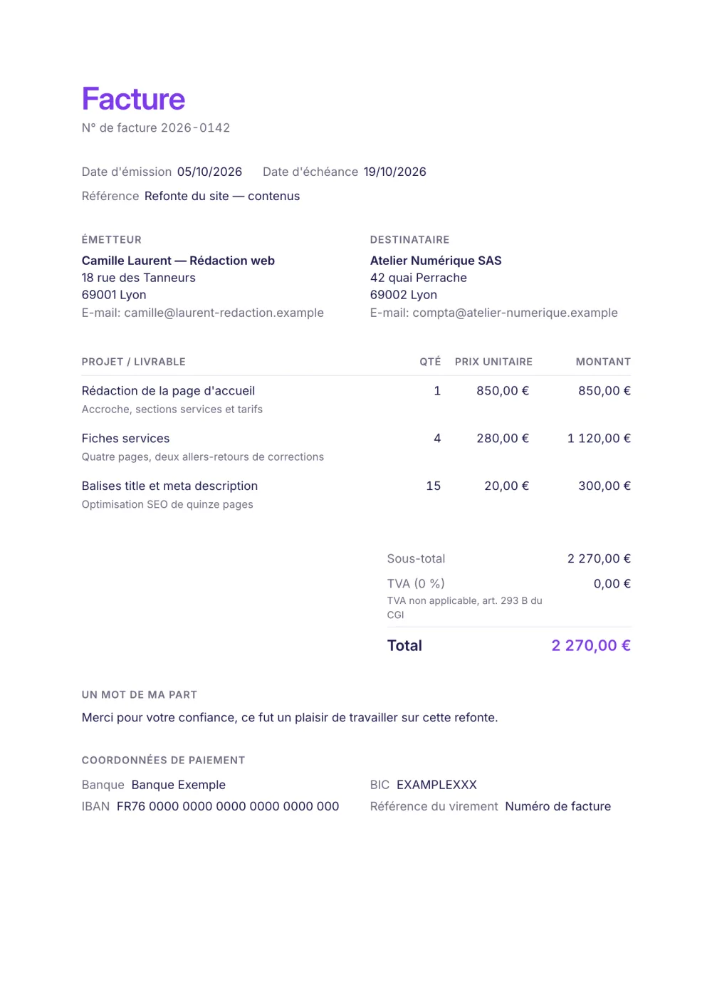 Modèle de facture freelance