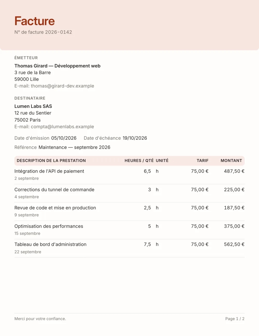 Modèle de facture horaire