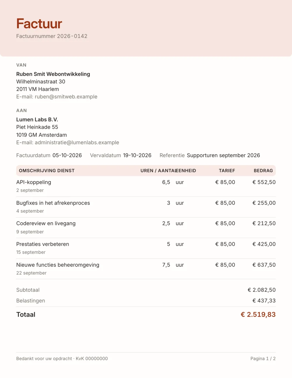 Factuursjabloon op uurbasis