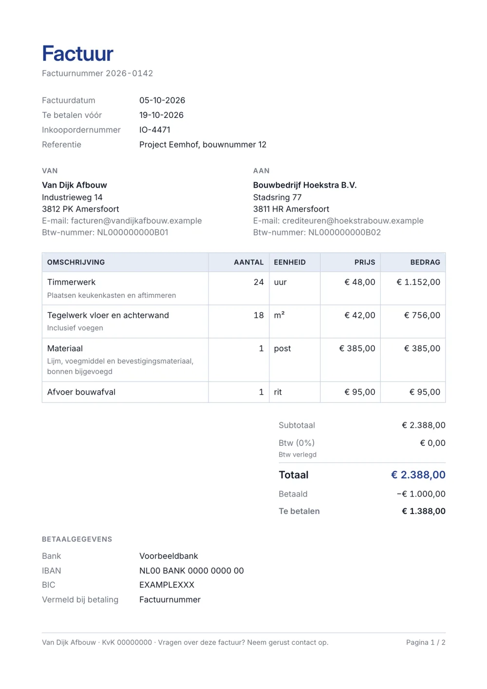 Factuursjabloon voor aannemers en de bouw