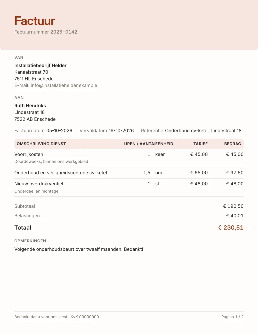Factuursjabloon voor diensten