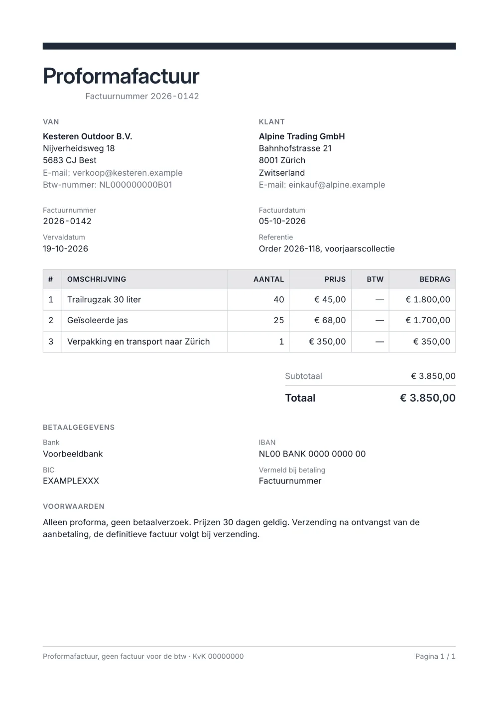 Sjabloon voor een proformafactuur