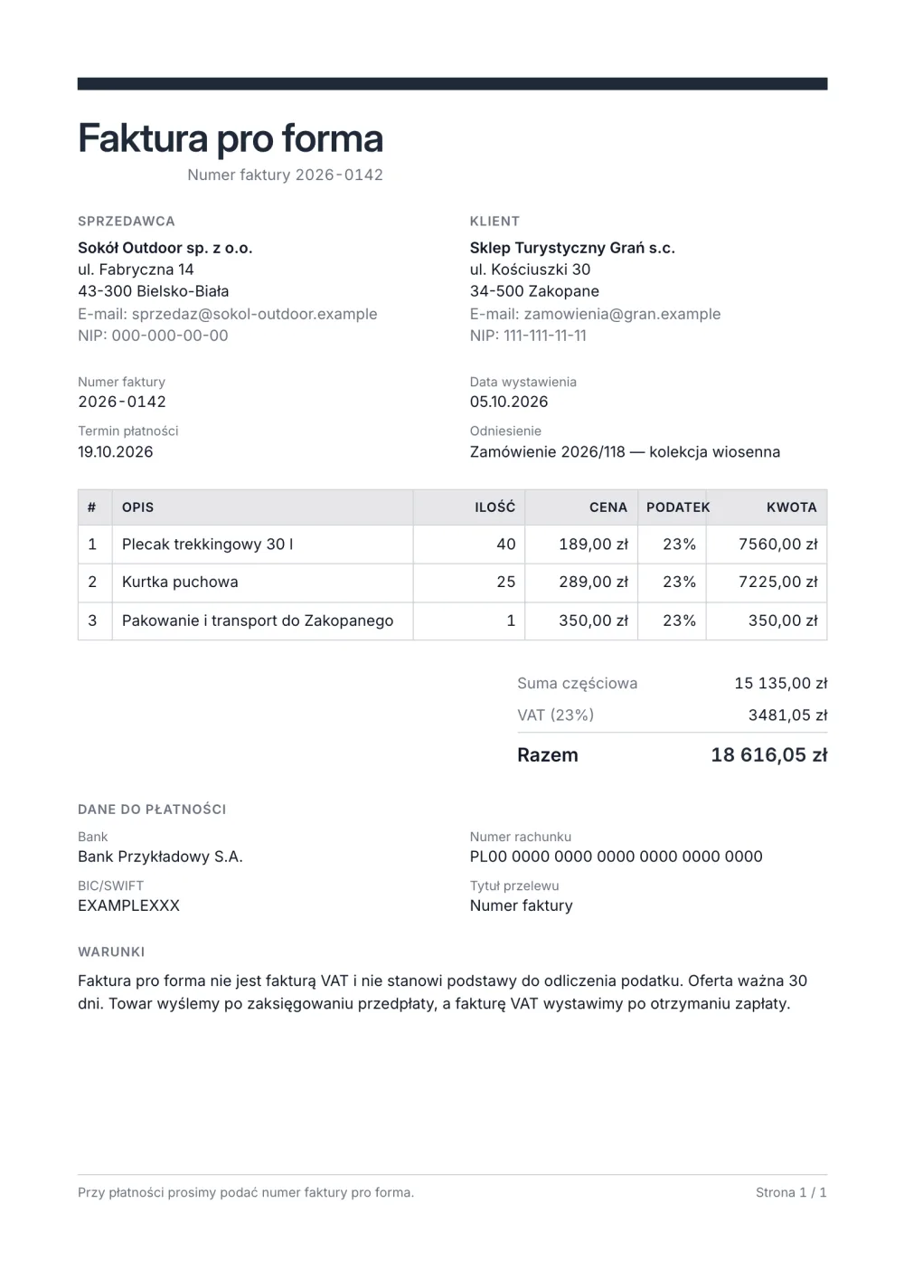 Faktura pro forma — wzór do wypełnienia