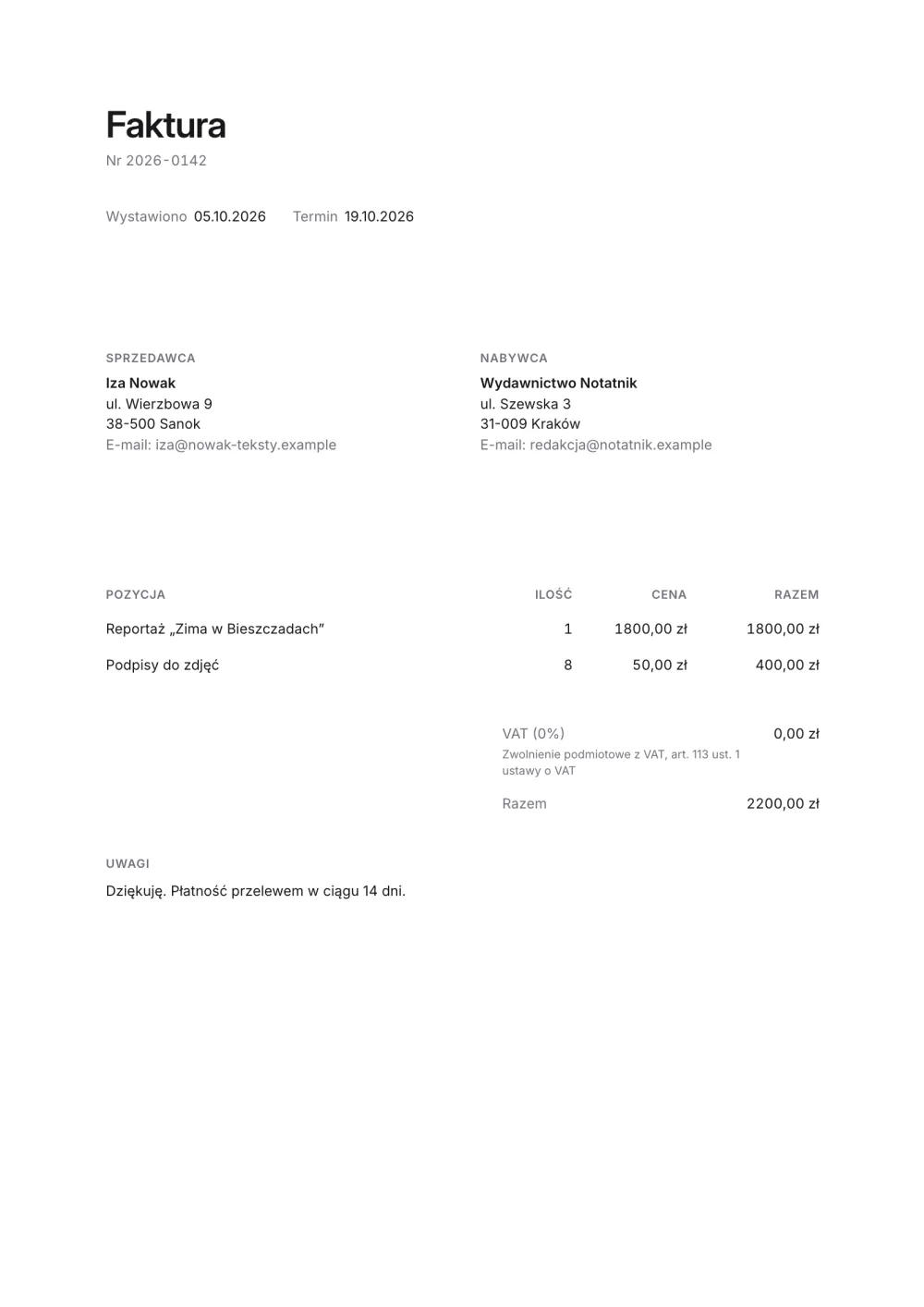 Minimalistyczny wzór faktury