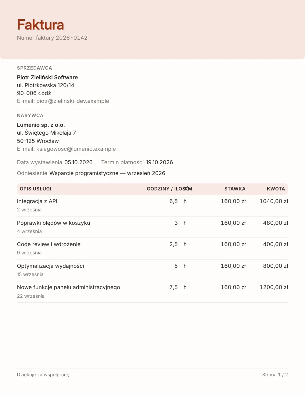 Wzór faktury godzinowej