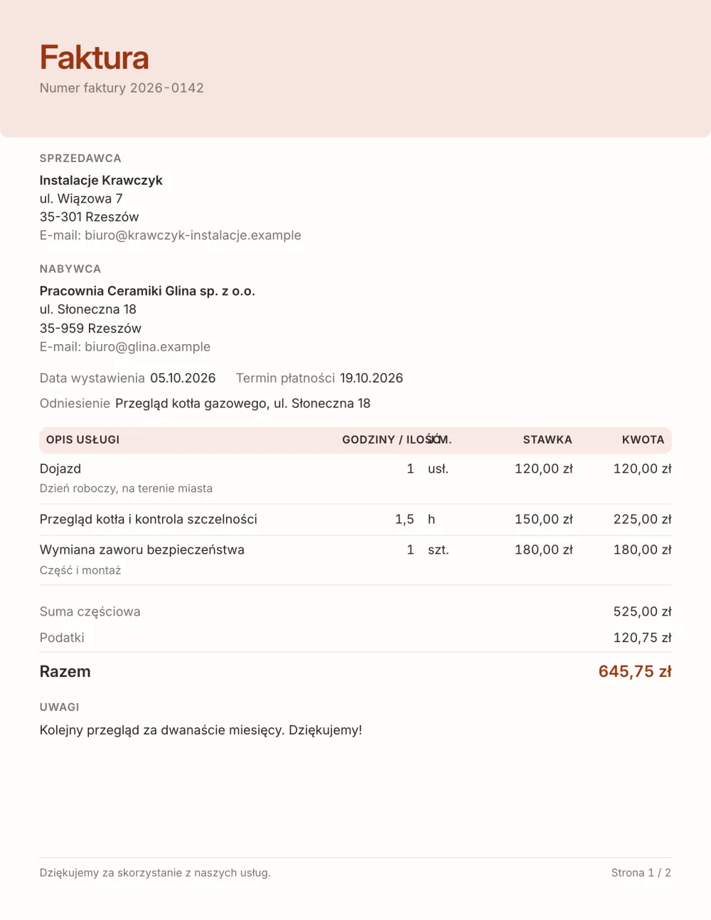 Wzór faktury za usługi