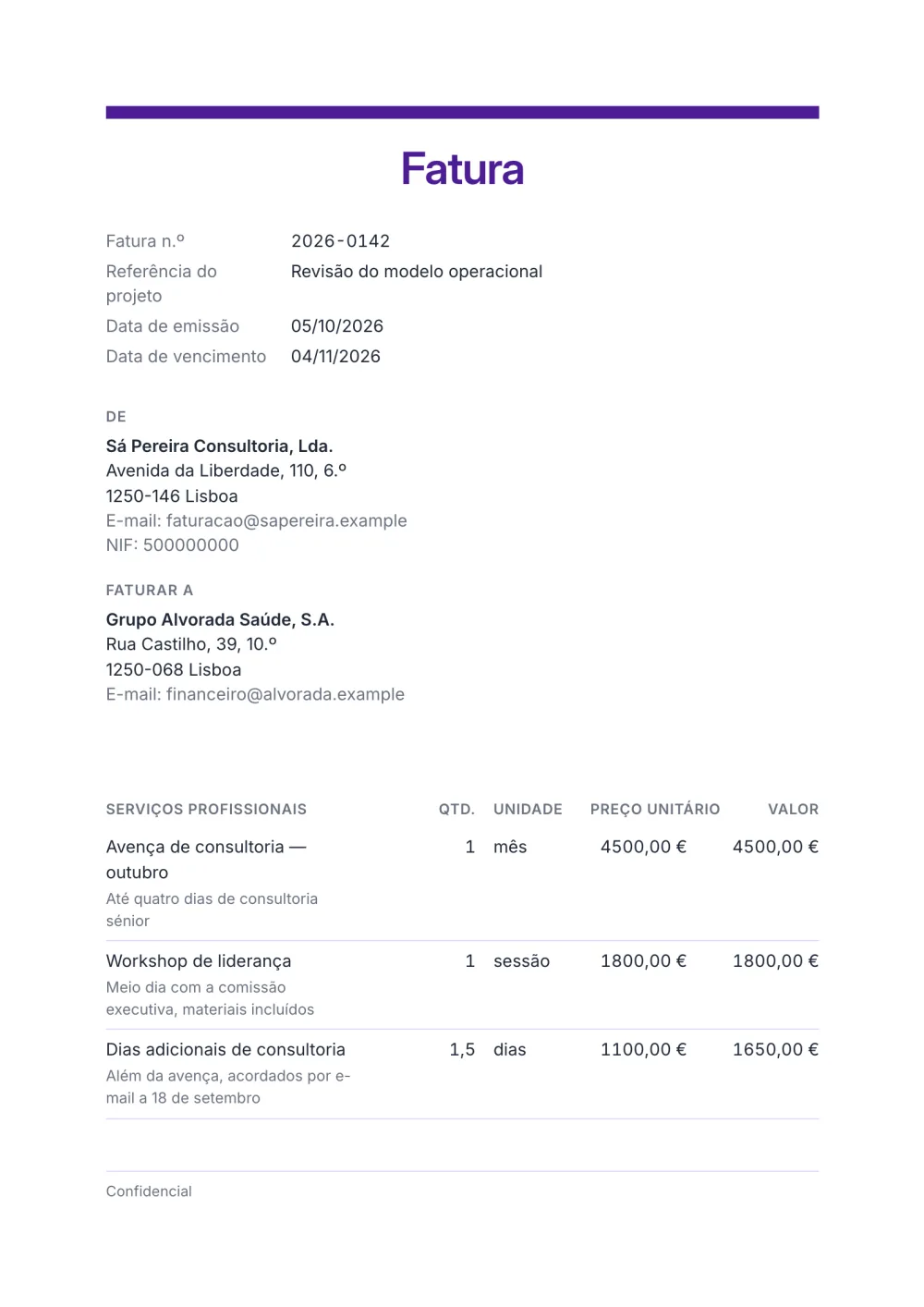 Modelo de fatura de consultoria