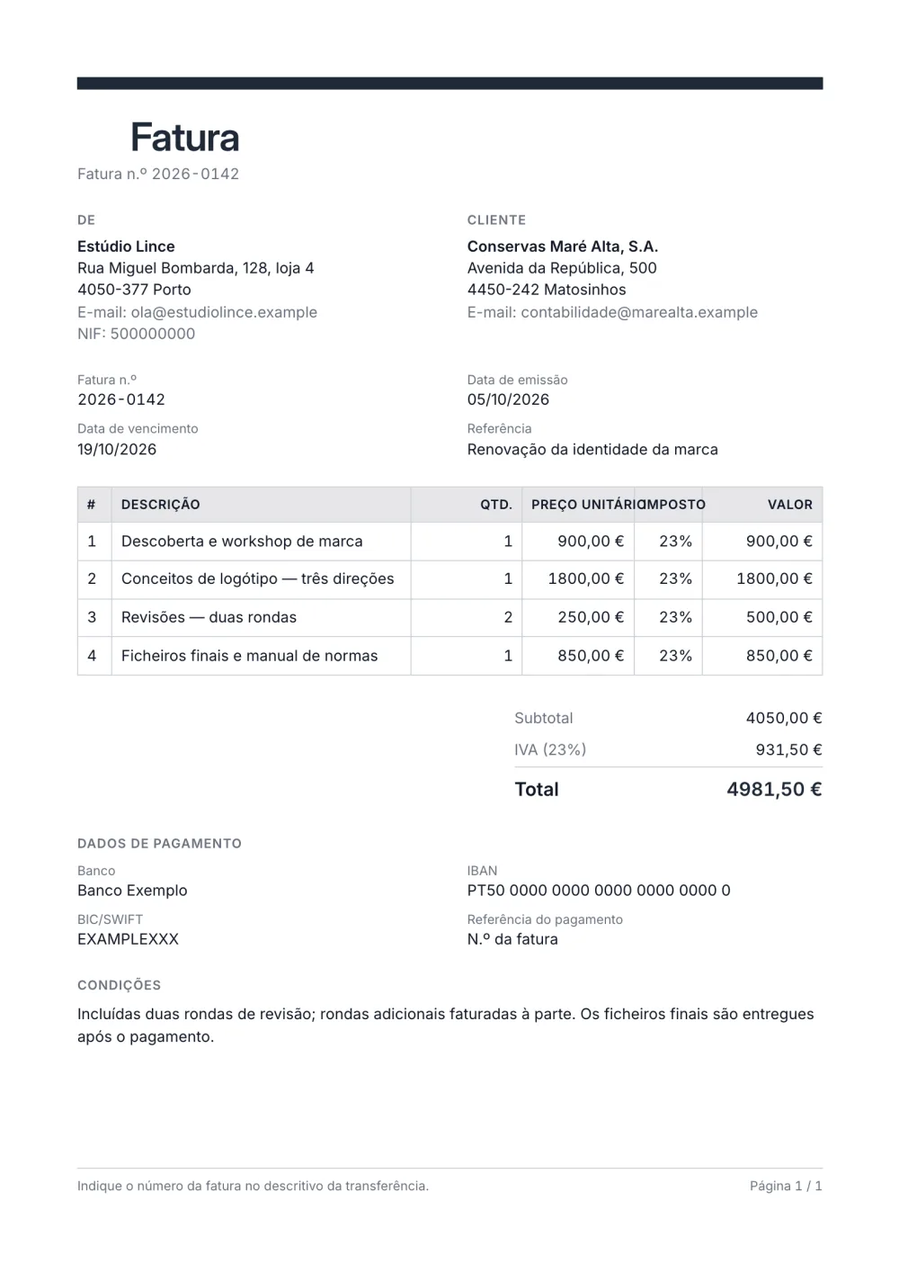 Modelo de fatura de design