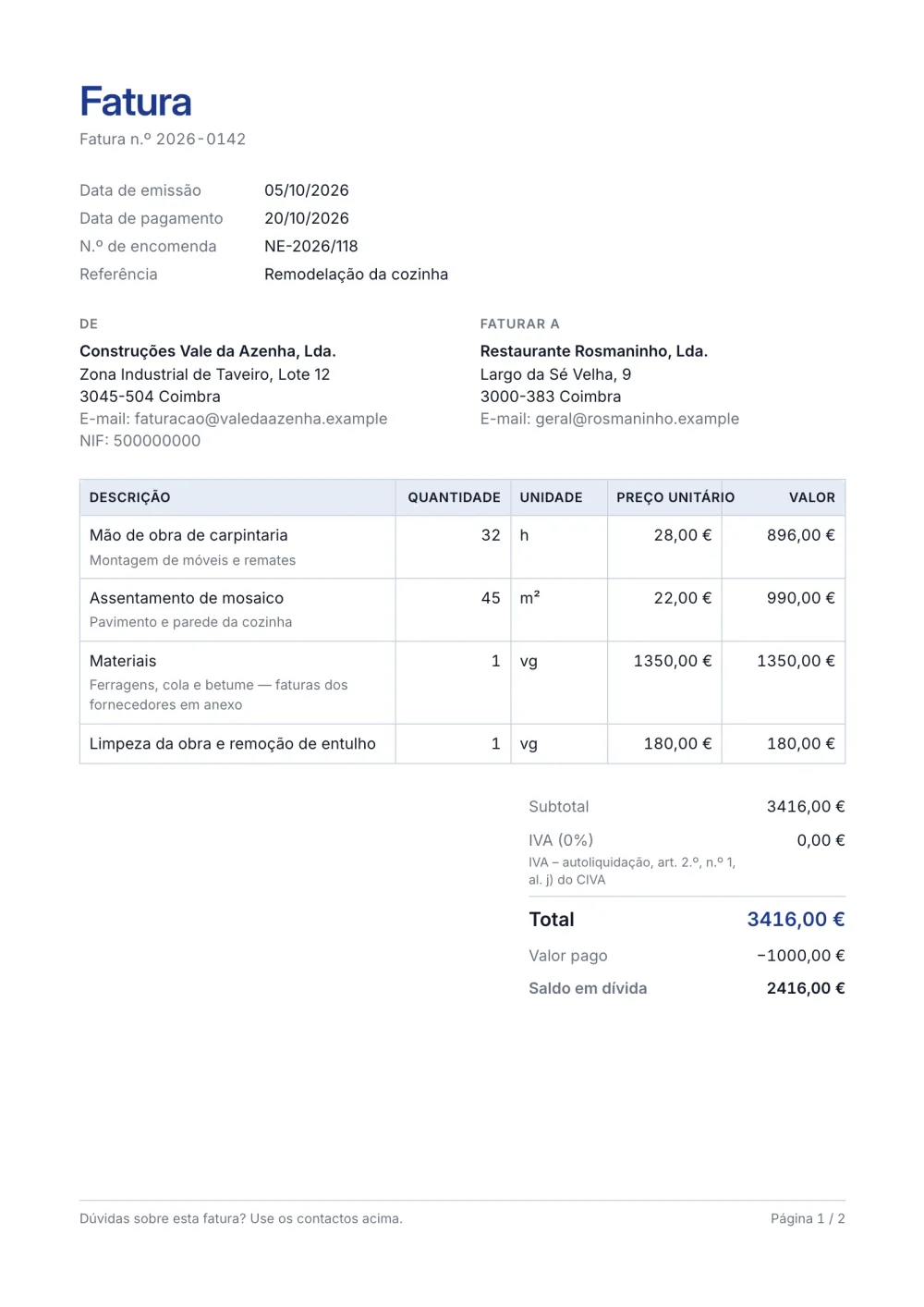 Modelo de fatura de empreiteiro
