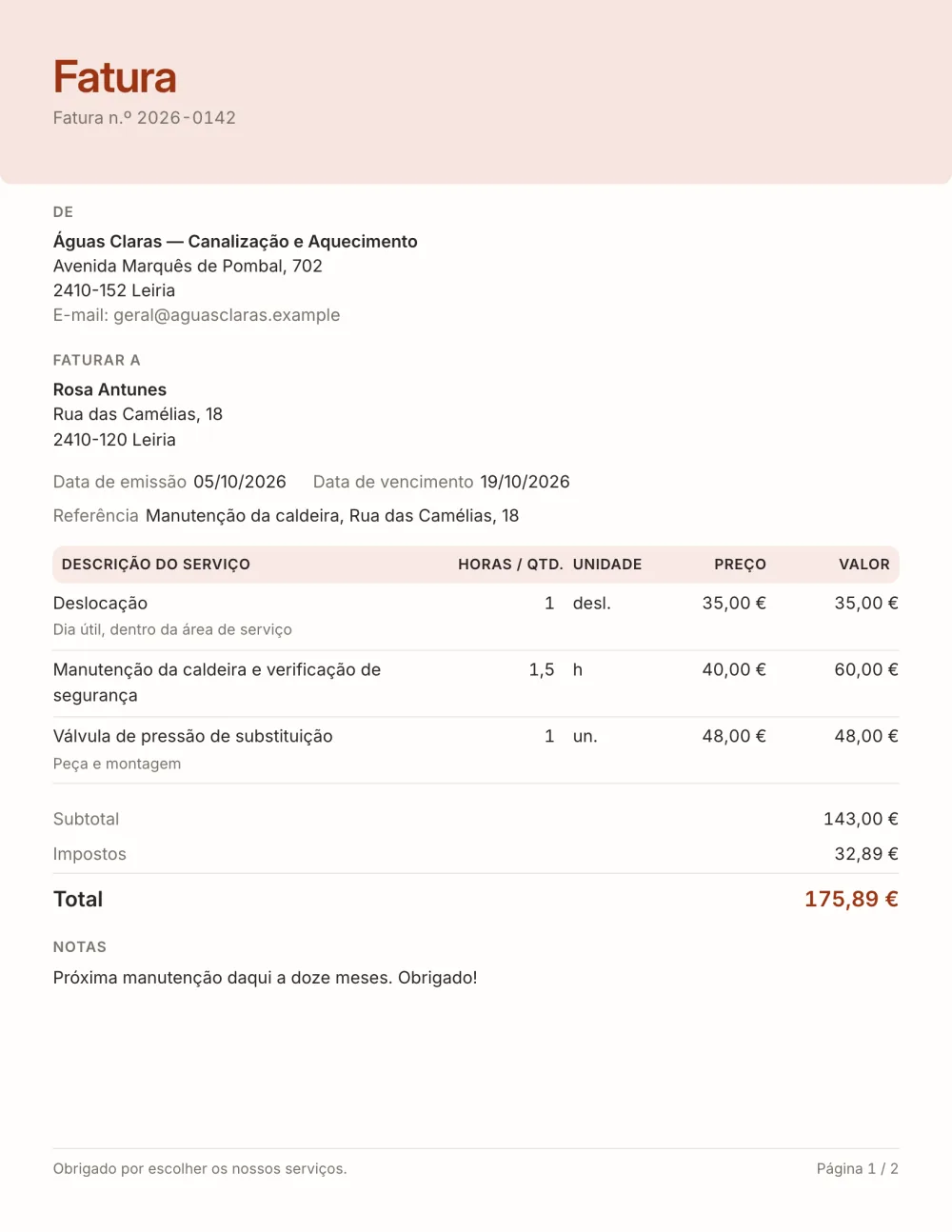 Modelo de fatura de prestação de serviços