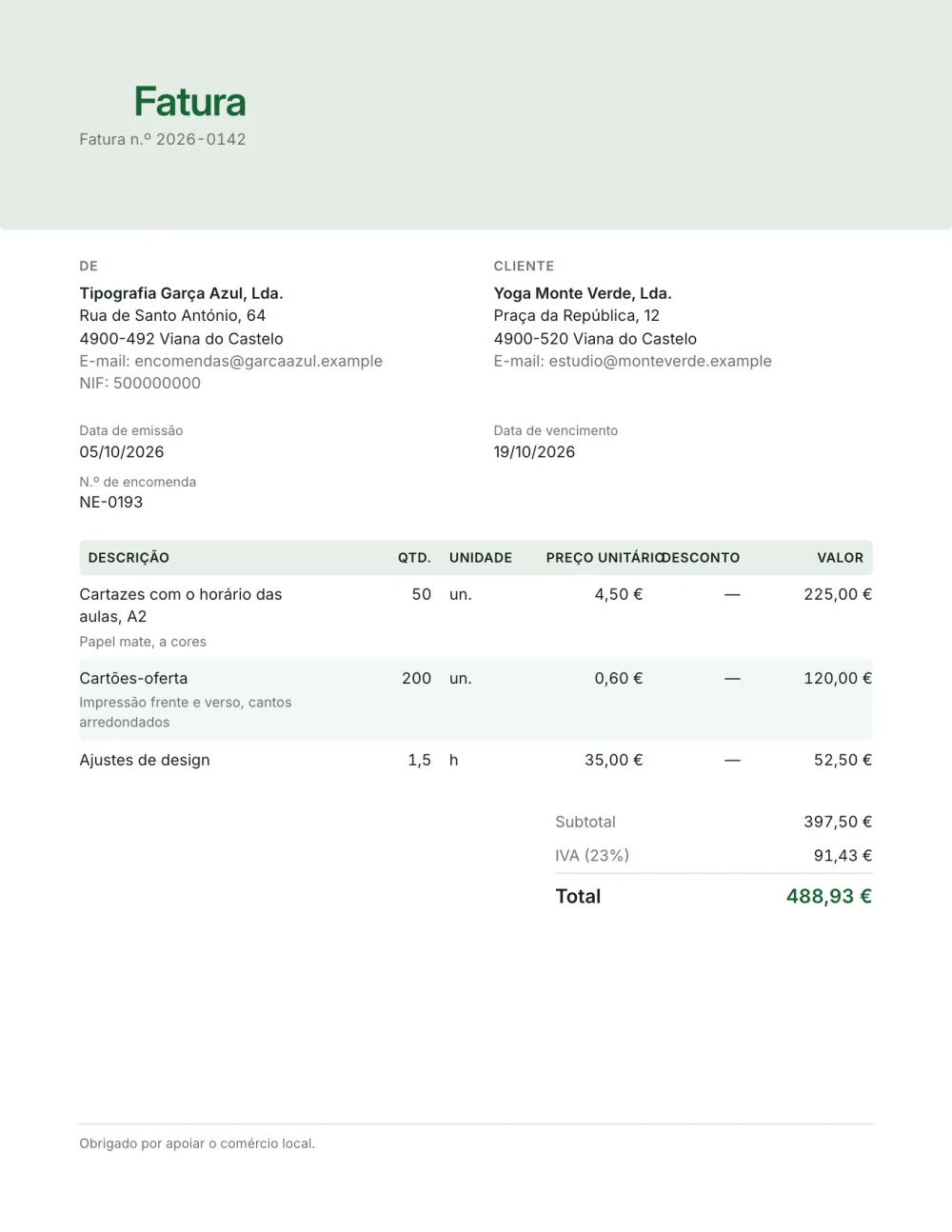 Modelo de fatura para pequenas empresas