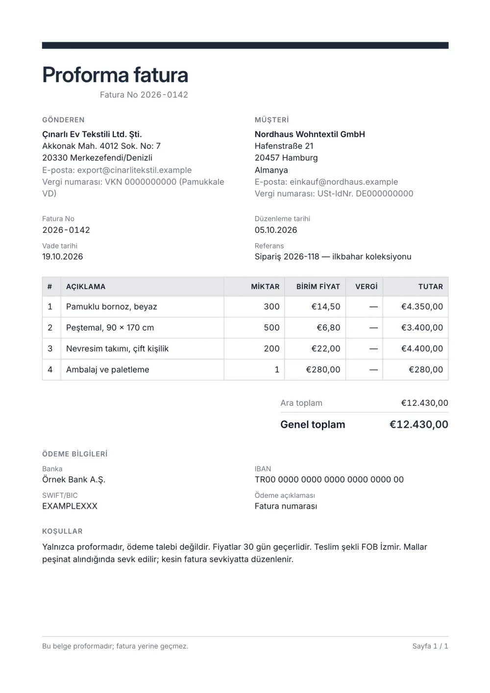 Proforma fatura şablonu
