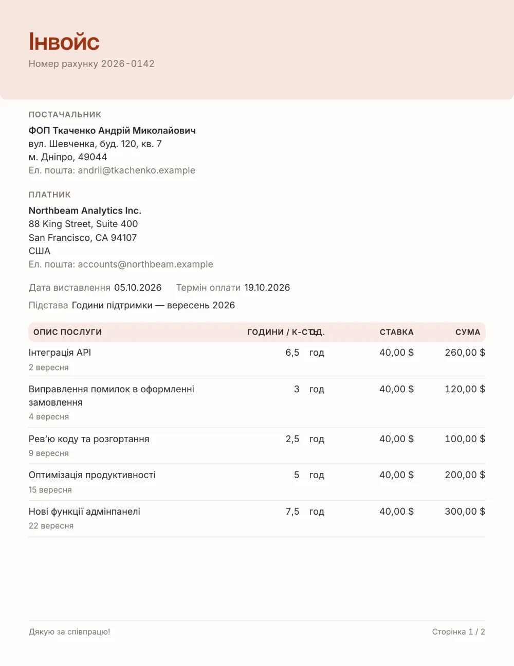 Шаблон погодинного рахунку